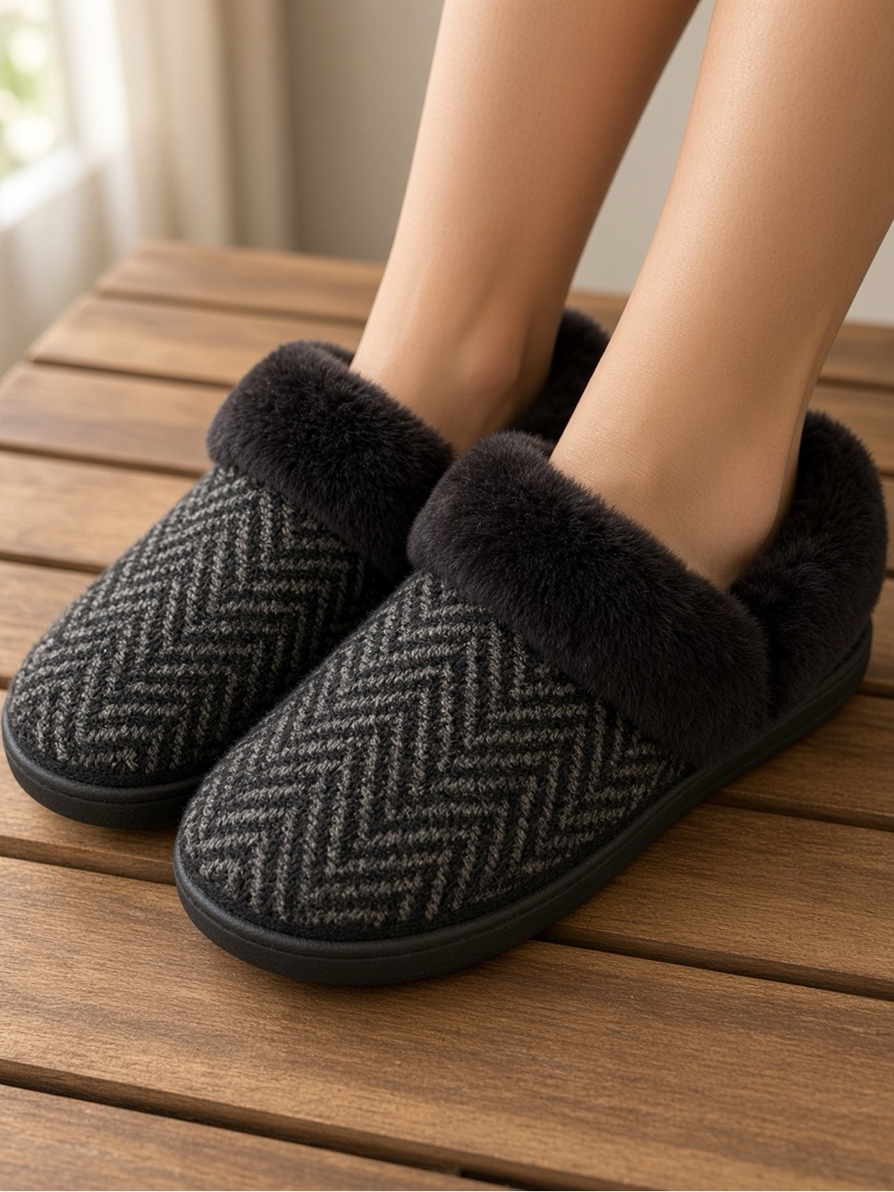 TOMS Oslo Slippers Women 6 Black Herringbone Faux Fur Convertible
